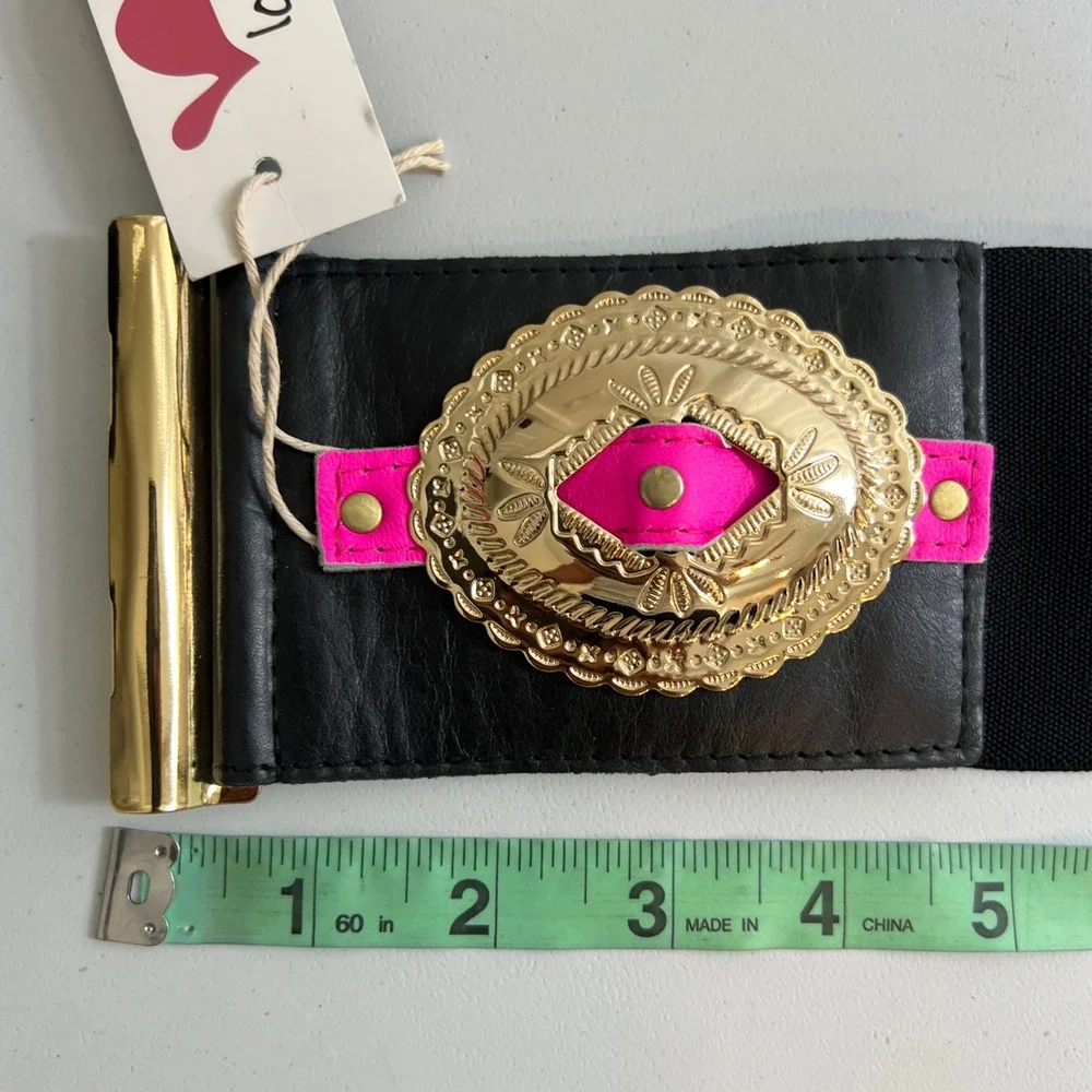 Lovestrength‎ Minx Belt Black Neon Pink Gold Concho Elastic Waist S112 NWT
